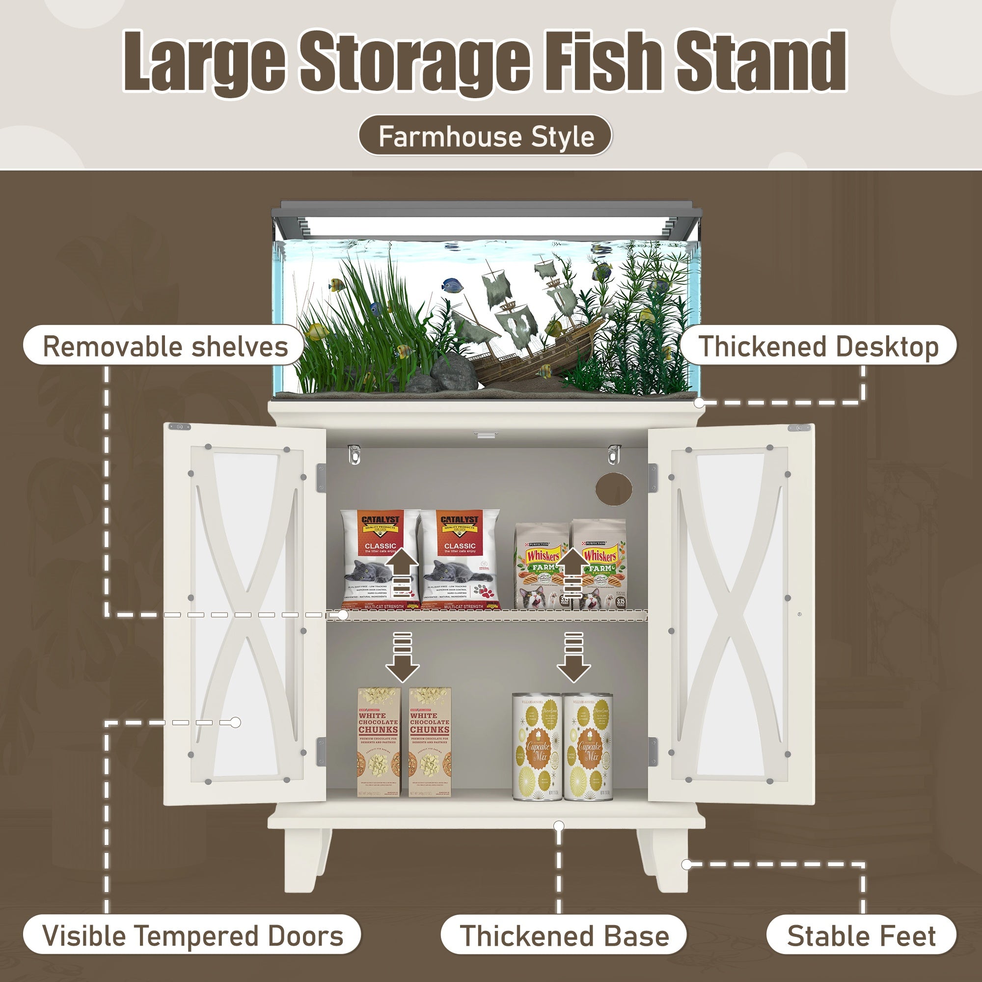 20-gallon Aquarium Rack With 4 AC Outlets And 2 USB Ports, Farmhouse-style Decorative Aquarium Rack Furniture With Adjustable Shelves 10-20 Gallon Reptile And Turtle Rack With Storage Cabinet, Beige.