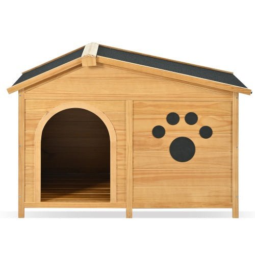48 Wooden Dog House Outdoor With Porch, Dog Kennel With Water-Resistant Asphalt Roof And Fencing,Indoor & Outdoor Dog Crate With Paw Print, Medium, Nature
