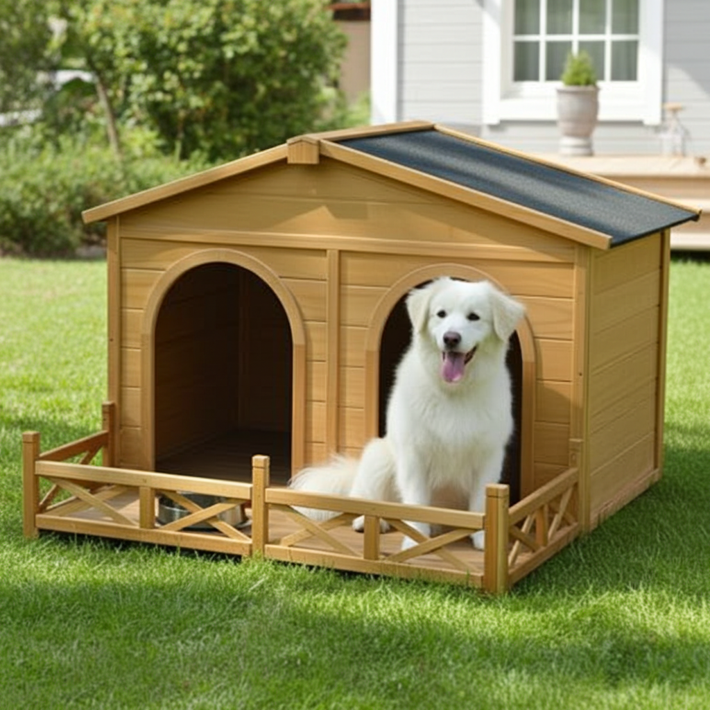 48 Wooden Dog House Outdoor With Porch, Dog Kennel With Water-Resistant Asphalt Roof And Fencing,Indoor & Outdoor Dog Crate With Paw Print, Medium, Nature