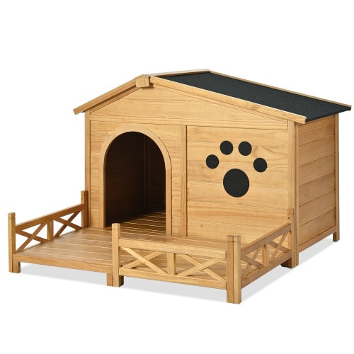 48 Wooden Dog House Outdoor With Porch, Dog Kennel With Water-Resistant Asphalt Roof And Fencing,Indoor & Outdoor Dog Crate With Paw Print, Medium, Nature