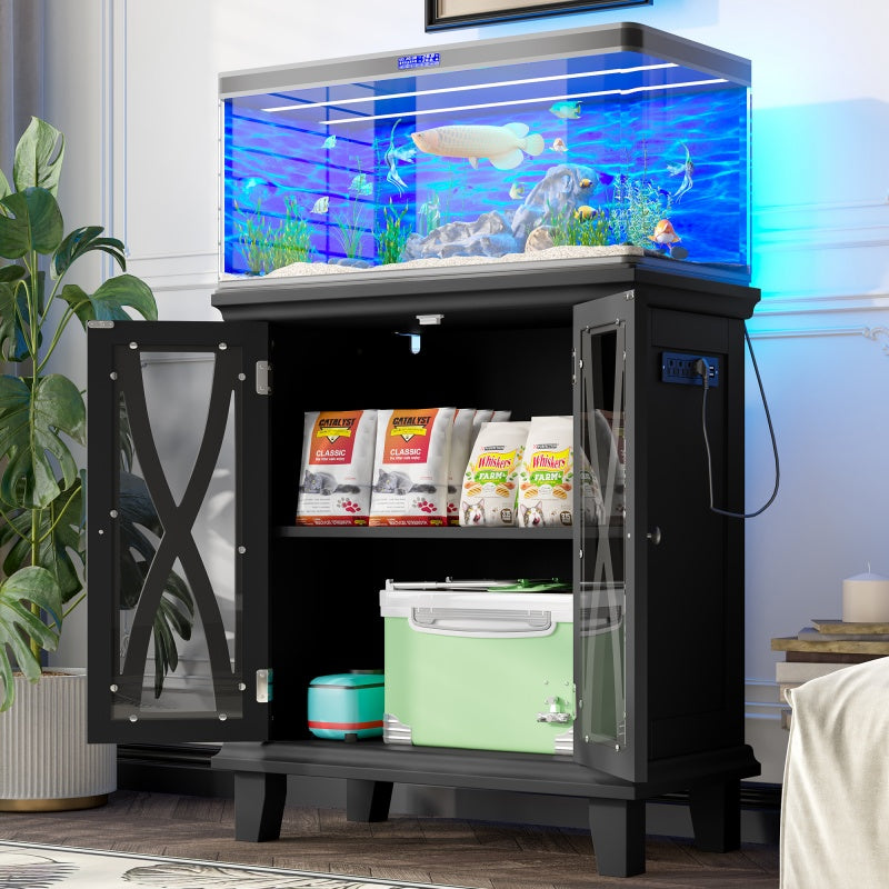 20-gallon Aquarium Rack With 4 AC Outlets And 2 USB Outlets, Farmhouse-style Decorative Aquarium Rack Furniture With Adjustable Shelves 10-20 Gallon Reptile And Turtle Rack With Cabinet Storage Space